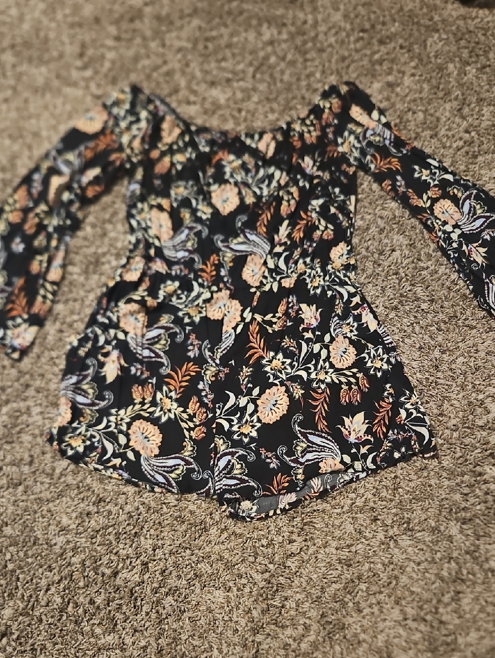 Xhilaration Black Floral Off-Shoulder Romper with Peach and Cream Accents